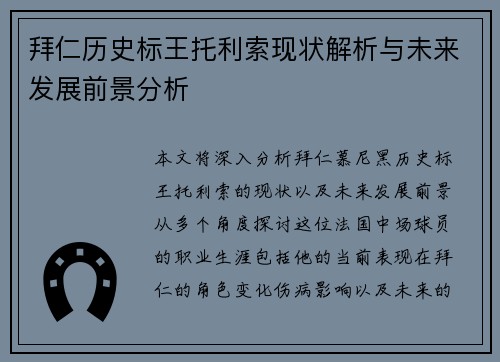 拜仁历史标王托利索现状解析与未来发展前景分析